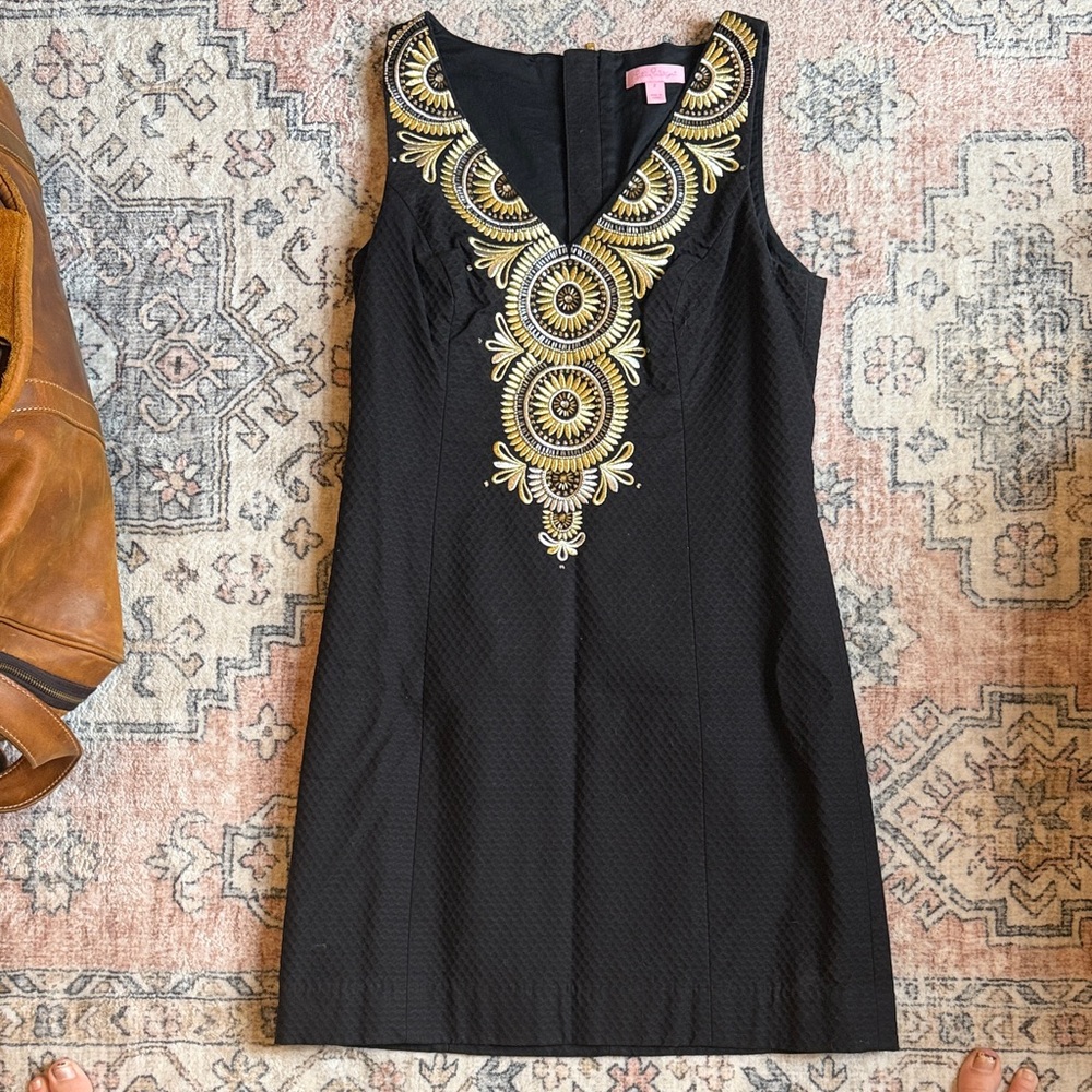 Lilly Pulitzer Elegant Black and Gold Embroidered shift Dress